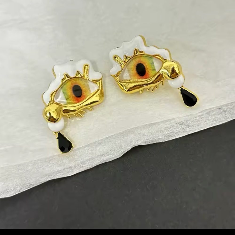 Schiaparelli Surrealist Inspired Earrings Eyes Gold Designer Look